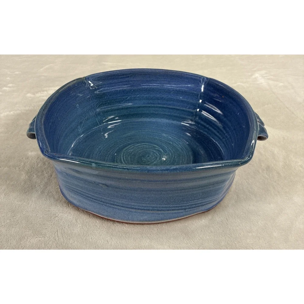 VTG Signed Studio Art Pottery Two Handled Decorative Bowl Blue Glaze 9
